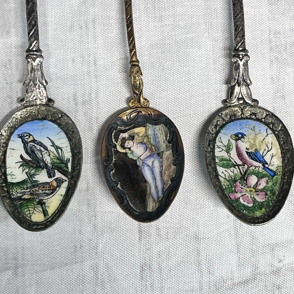 Vintage 6 pc Spoon Lot Czechoslovakia Cloisonné Enamel Floral Maidens (#25B) - Picture 4 of 12